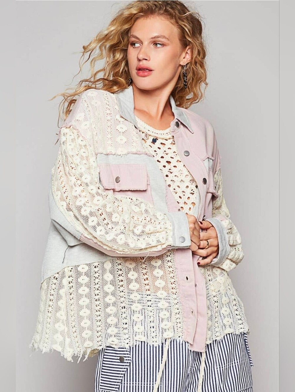 NEW!!! POL Women’s Patchwork Lace Button-Up Jacket - Pink & Cream, Sz Large